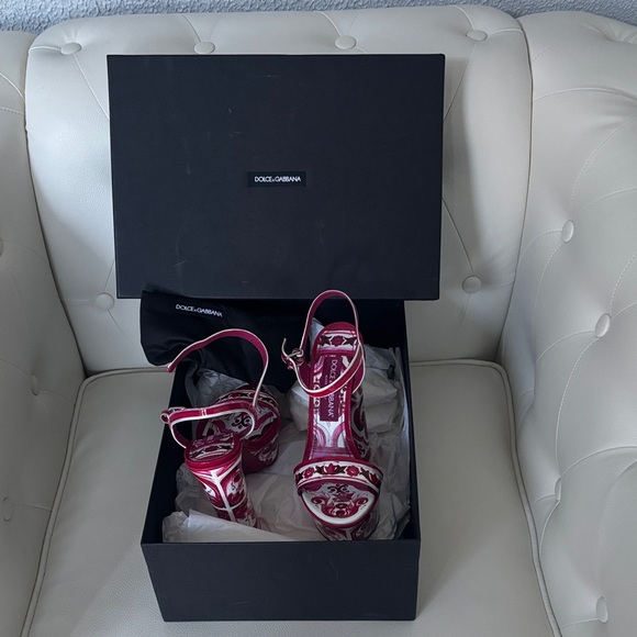 💯 Authentic DOLCE &GABBANA Keira Maiolica Leather Fuchsia &White Platform Sandal - Picture 10 of 17